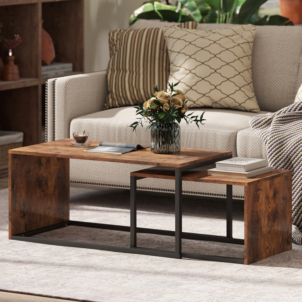 2er-Set Couchtisch, Sofatisch, Beistelltisch, Spanplatte, Metall, 90 x 48 x 42 cm/59 x 42 x 36 cm, Schwarz+Braun