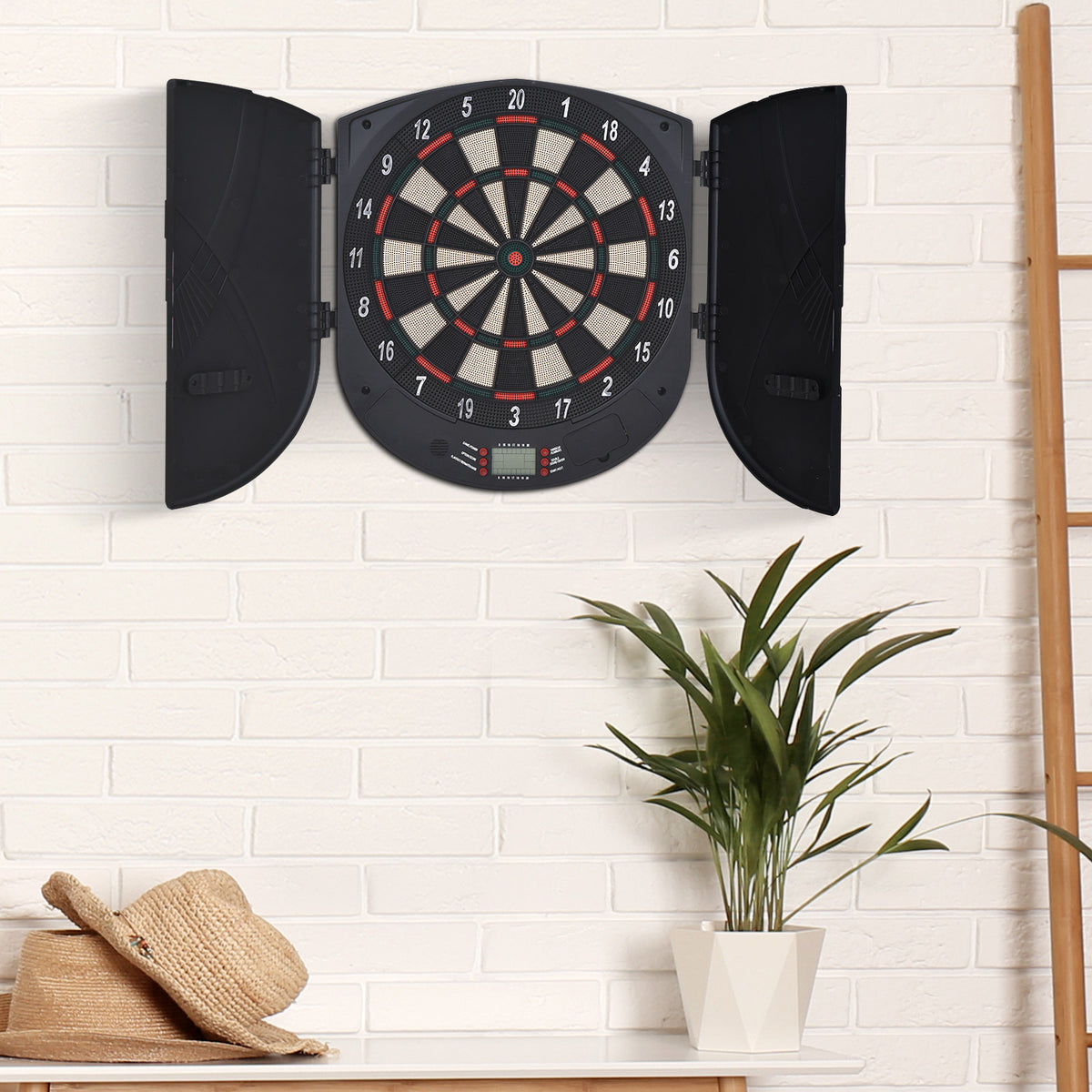 Elektronische Dartscheibe Dartboard mit Sprachansagen Englische Stimme LED-Anzeigen 6 Darts 26 Spiele 185 Varianten Dartautomat mit Tür Dartscheibe Set für bis zu 8 Spieler