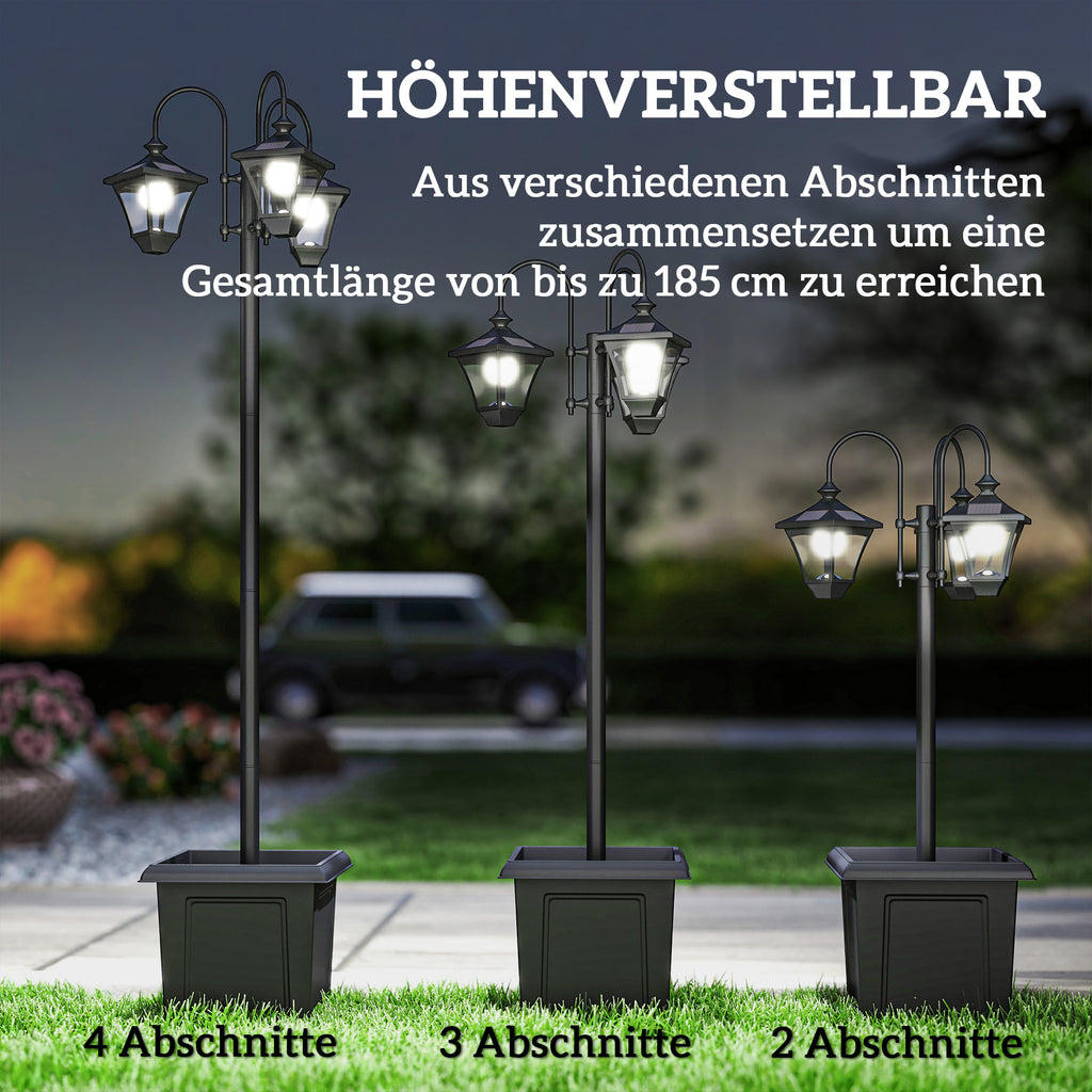 Solar Lamp Post with Dusk-to-Dawn Sensor Street Light with 3-Head Planter 185 cm Black