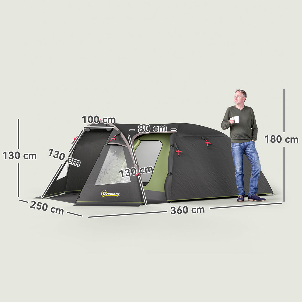 Tunnelzelt für 4 Personen leicht, stabil wasserdicht UV 50+ Campingzelt mit Vordach Doppeltür Schwarz