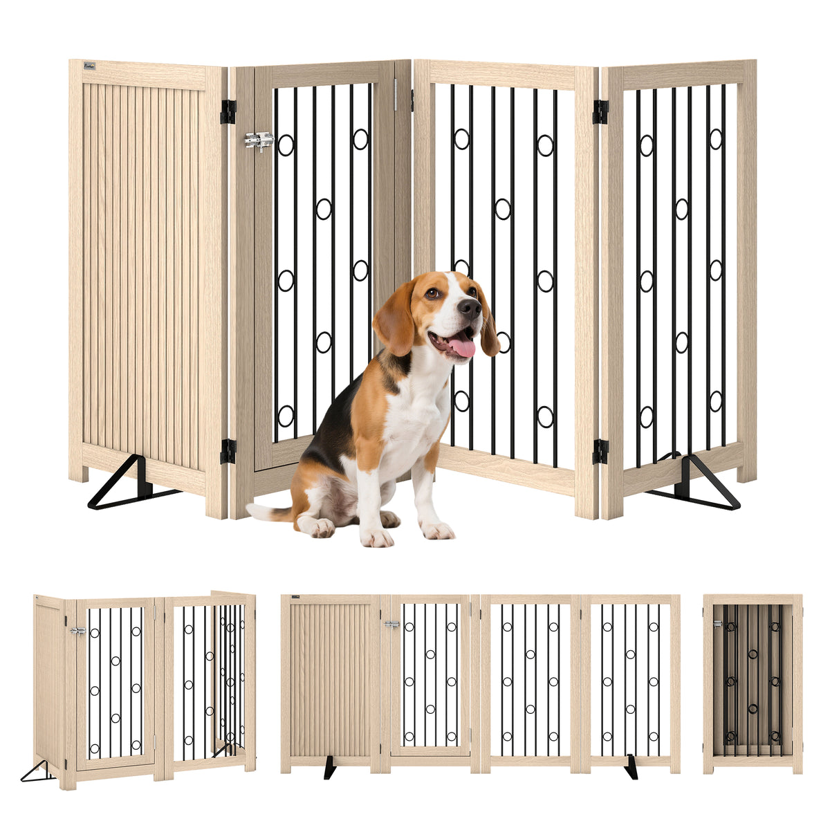 4 Panel Freestanding Pet Gate, Indoor Dog Barrier with Lockable Door, Support Feet, 360° Flexible Hinges, Oak
