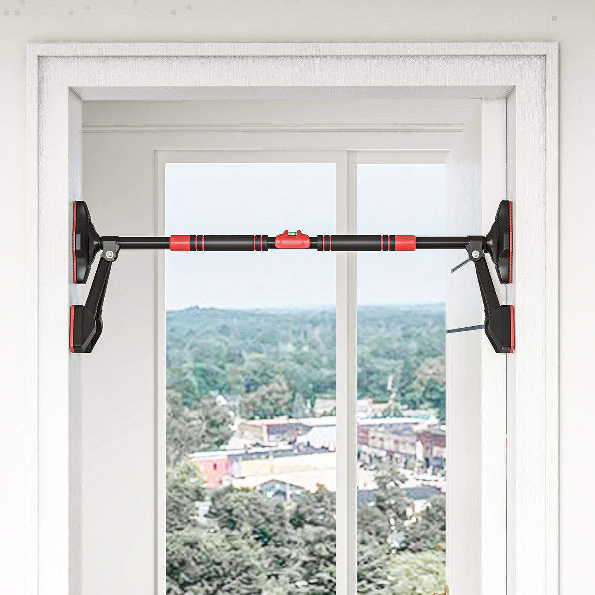 Klimmzugstange, verstellbar 80-110cm, Wasserwaage, 6-Punkt-Unterst¨¹tzung, Metall, Schwarz/Rot