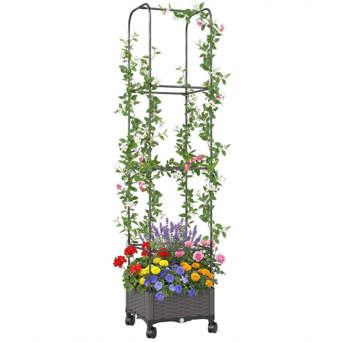 Hochbeet mit Rankgitter mobiler Blumenkasten mit Rolle Abflussloch, Pflanzkasten 40 x 40 x 185 cm