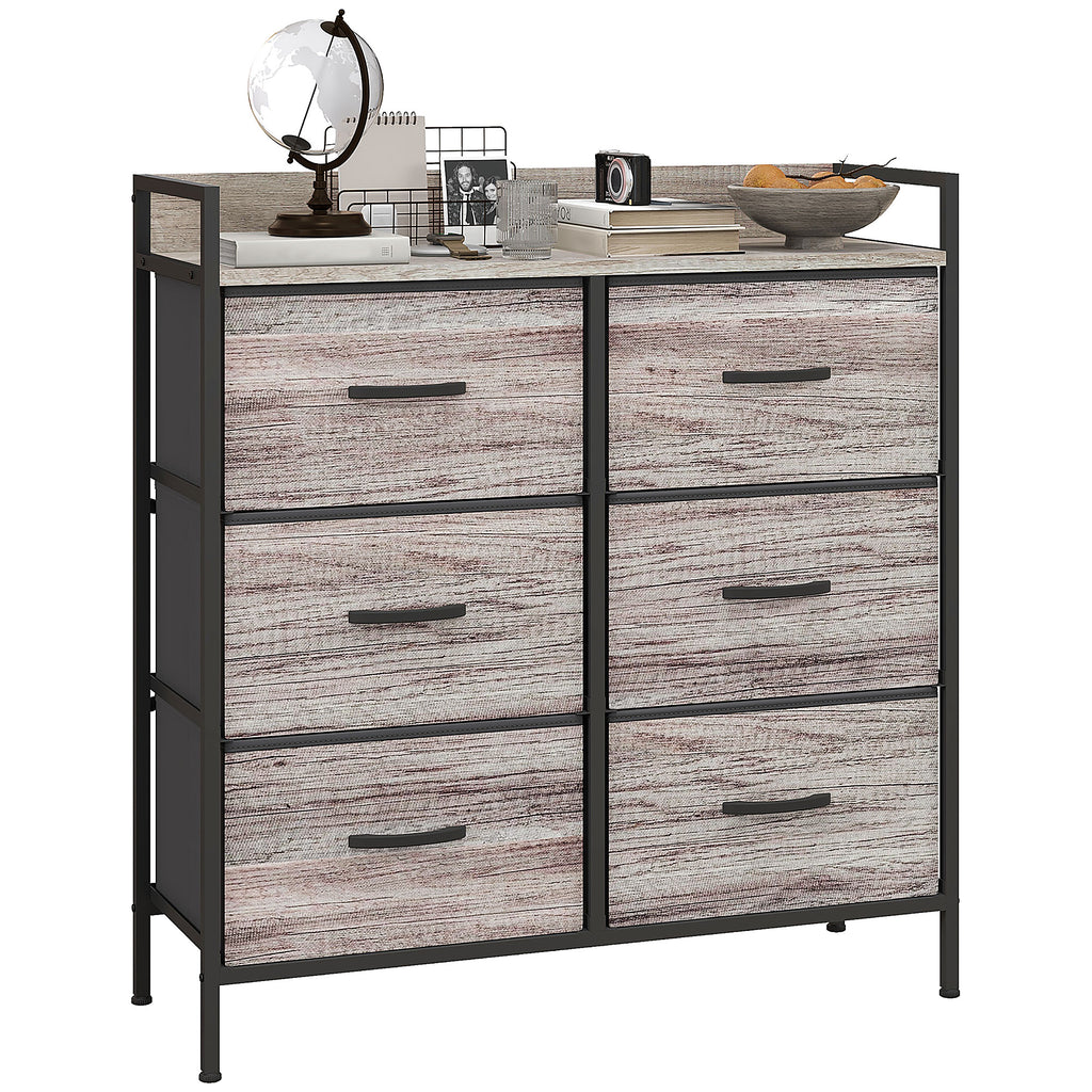 Rustic Chest of Six Fabric Drawers - Grey Wood Effect
