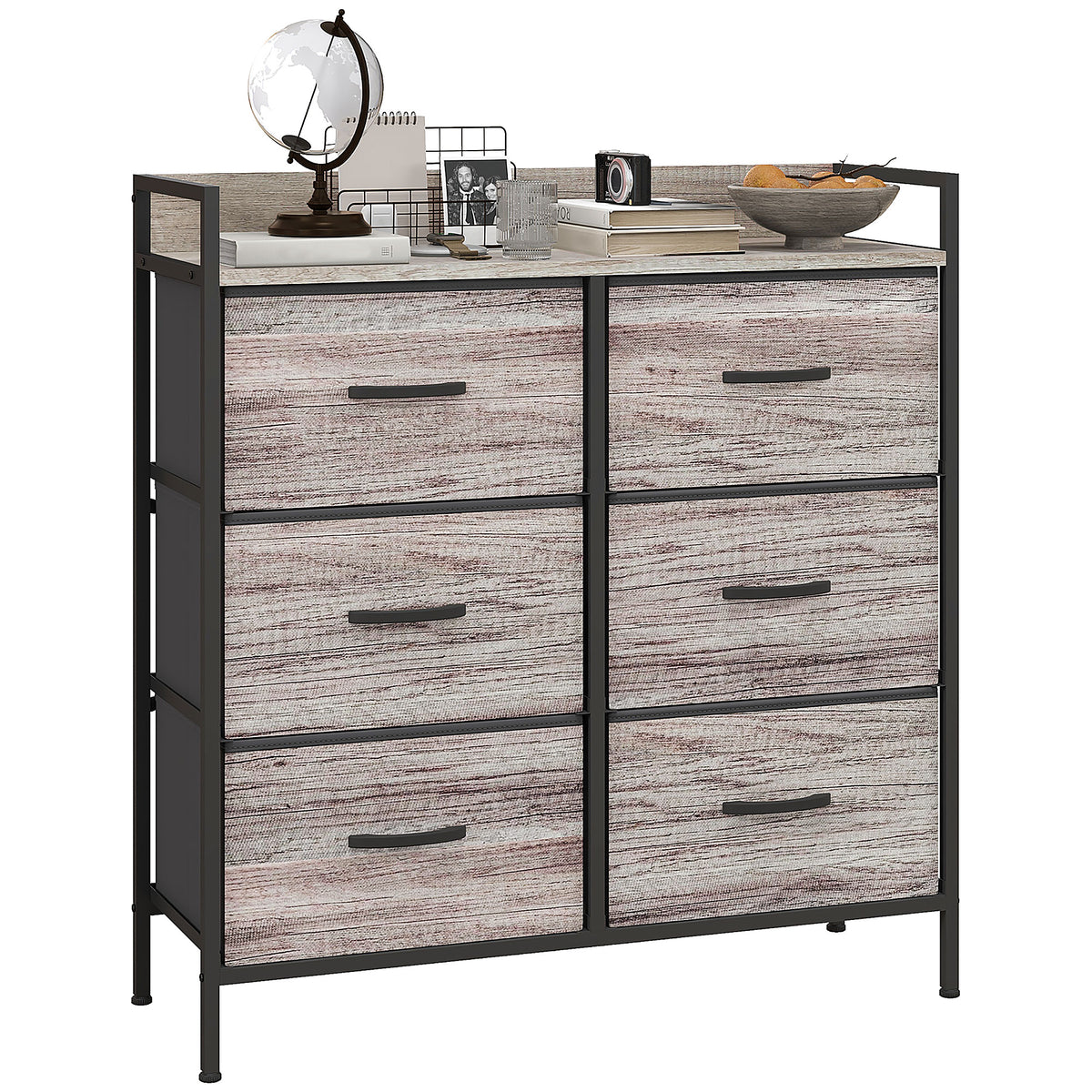 Rustic Chest of Six Fabric Drawers - Grey Wood Effect