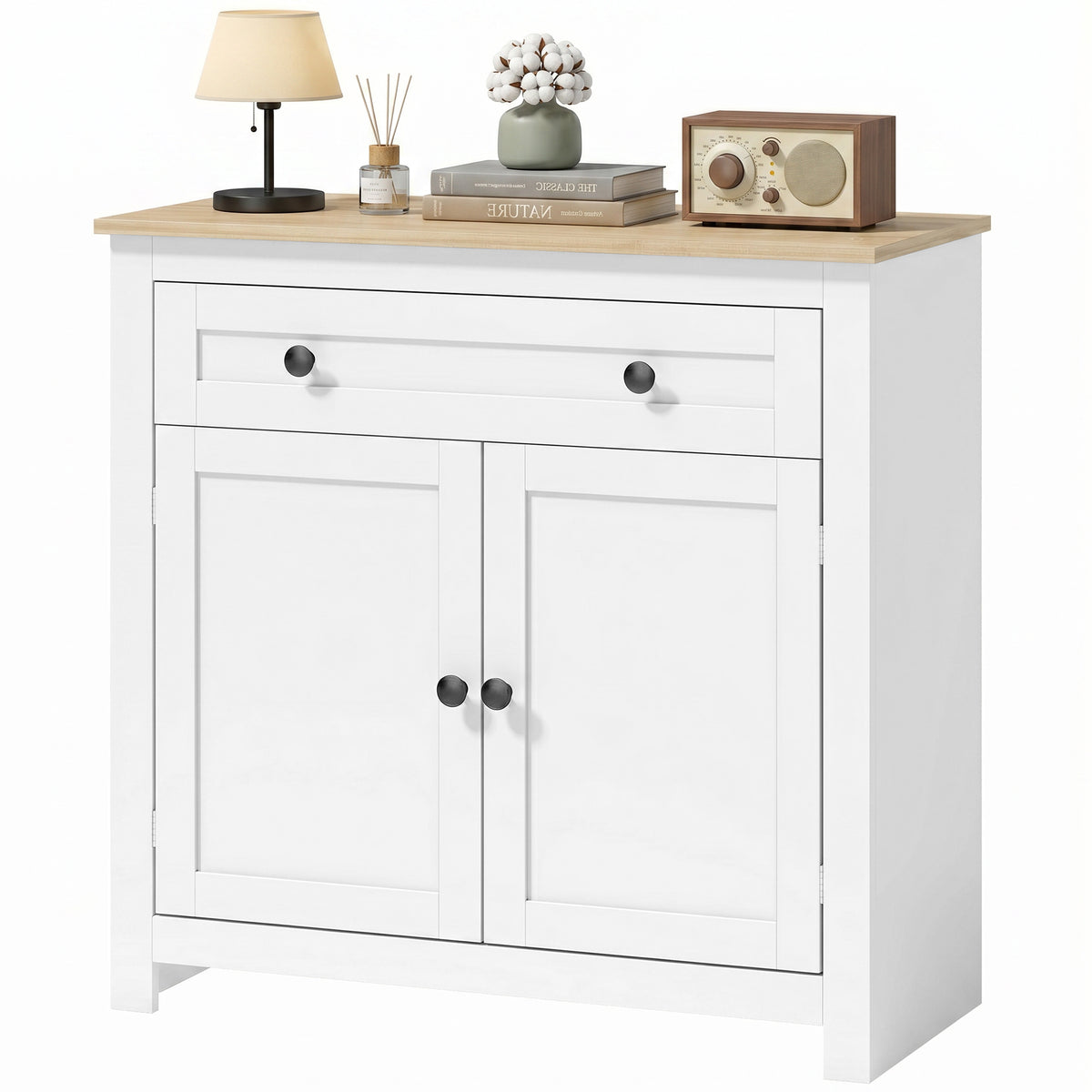 Sideboard Küchenschrank mit Schublade, Doppeltür, Verstellbarer Einlegeboden, für Wohnzimmer, 78,5 x 35 x 80 cm Weiß