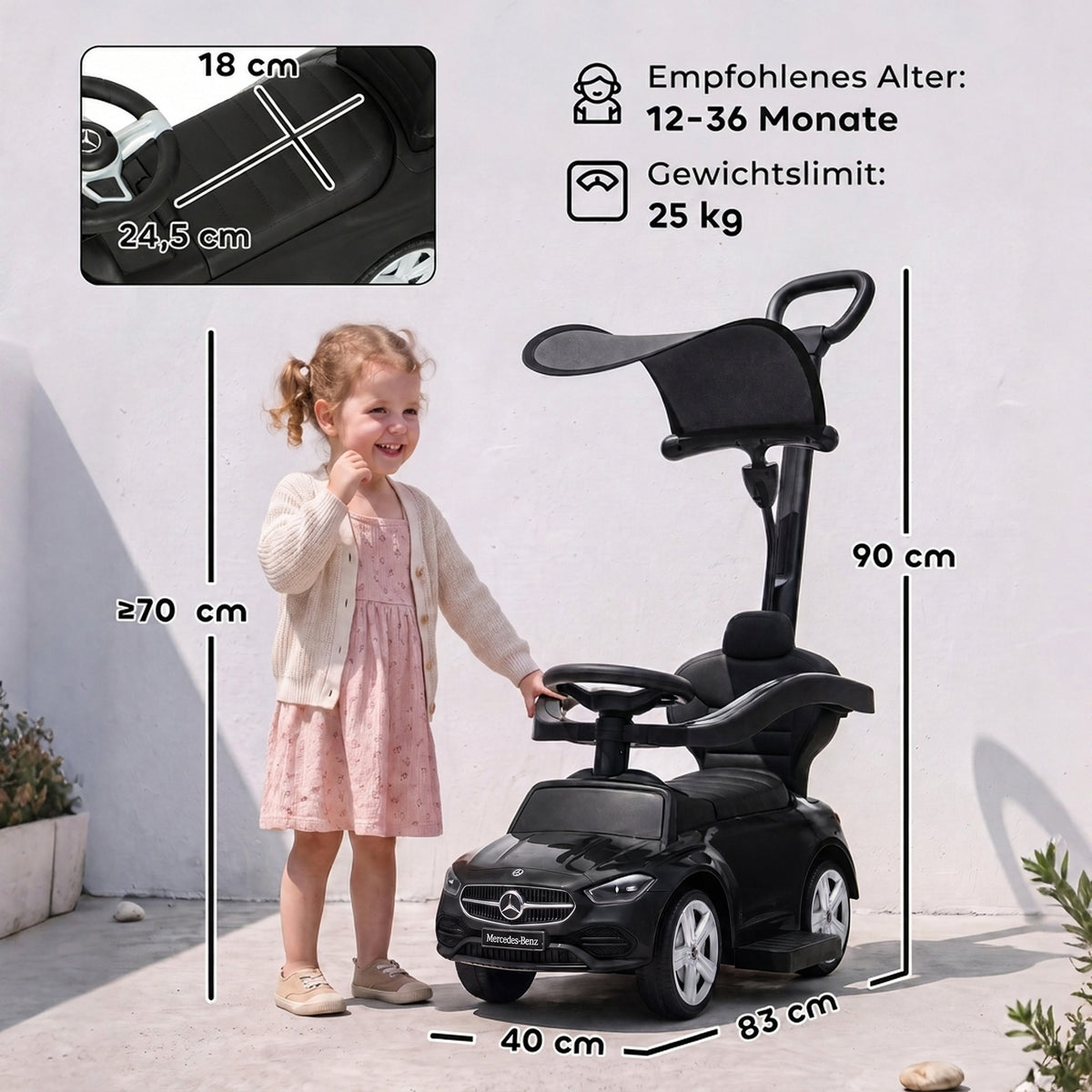 3-in-1 Rutschauto mit Schiebstange Mercedes-Benz Schwarz