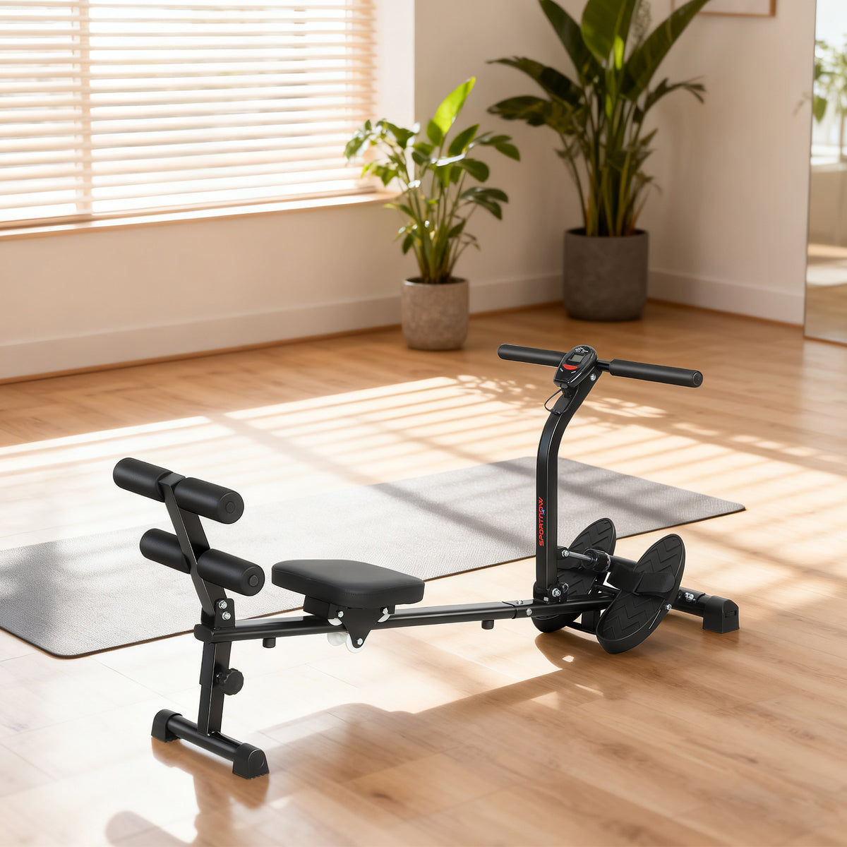 Rudermaschine, Ruderger?t f¨¹r Situps, 12-stufig verstellbar, 2-in-1 Kardioger?t, LCD-Anzeige, Stahl, Kunststoff, Schwarz