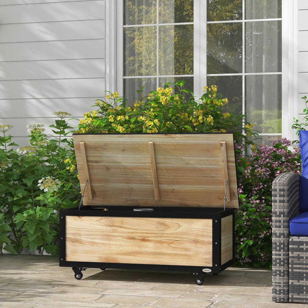 Garten-Aufbewahrungsbox, 121 Liter, 2 R?der, wetterfest, Metallscharniere, Naturholz, 100x50x43 cm