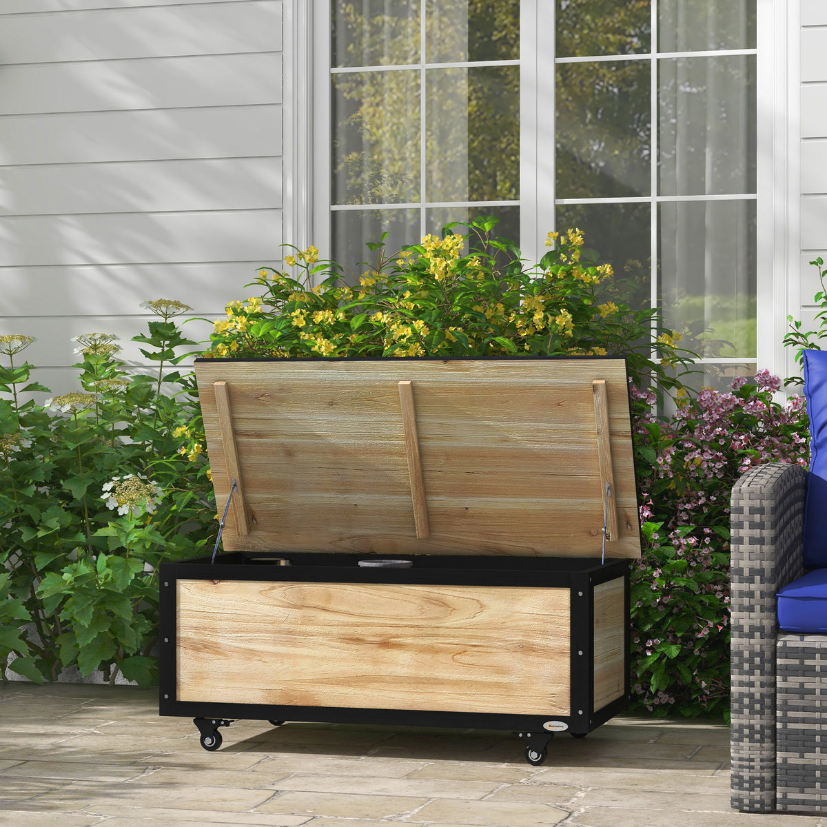 Garten-Aufbewahrungsbox, 121 Liter, 2 R?der, wetterfest, Metallscharniere, Naturholz, 100x50x43 cm