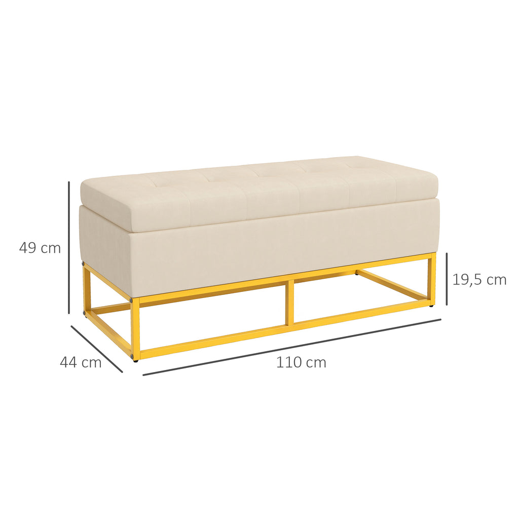 Sitzbank mit Stauraum, dekorative Knopfheftung, Flanelloptik, goldfarbene Stahlbeine, 110 x 47 x 46,5 cm