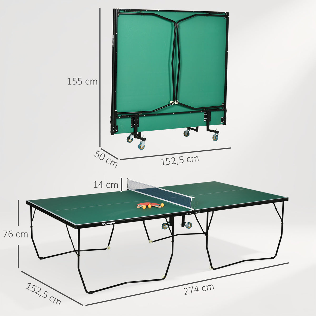 9FT Folding Tennis Table, with 8 Wheels, for Indoor Use, Green
