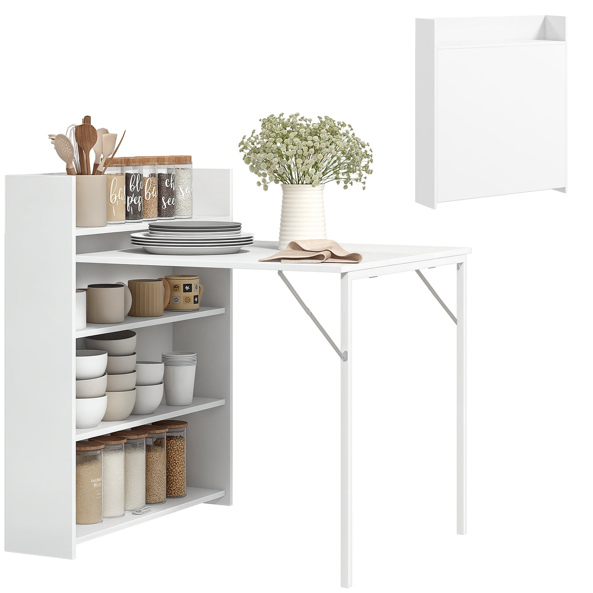 Kitchen Table, Folding Dining Table, with 4-Tier Shelves, Modern Drop-Leaf Table, White