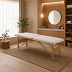 Mobile Massageliege 2 Zonen Klappbar Höhenverstellbar Massagetisch 60 cm Breit mit Tragetasche Holzfüßen Cremeweiß