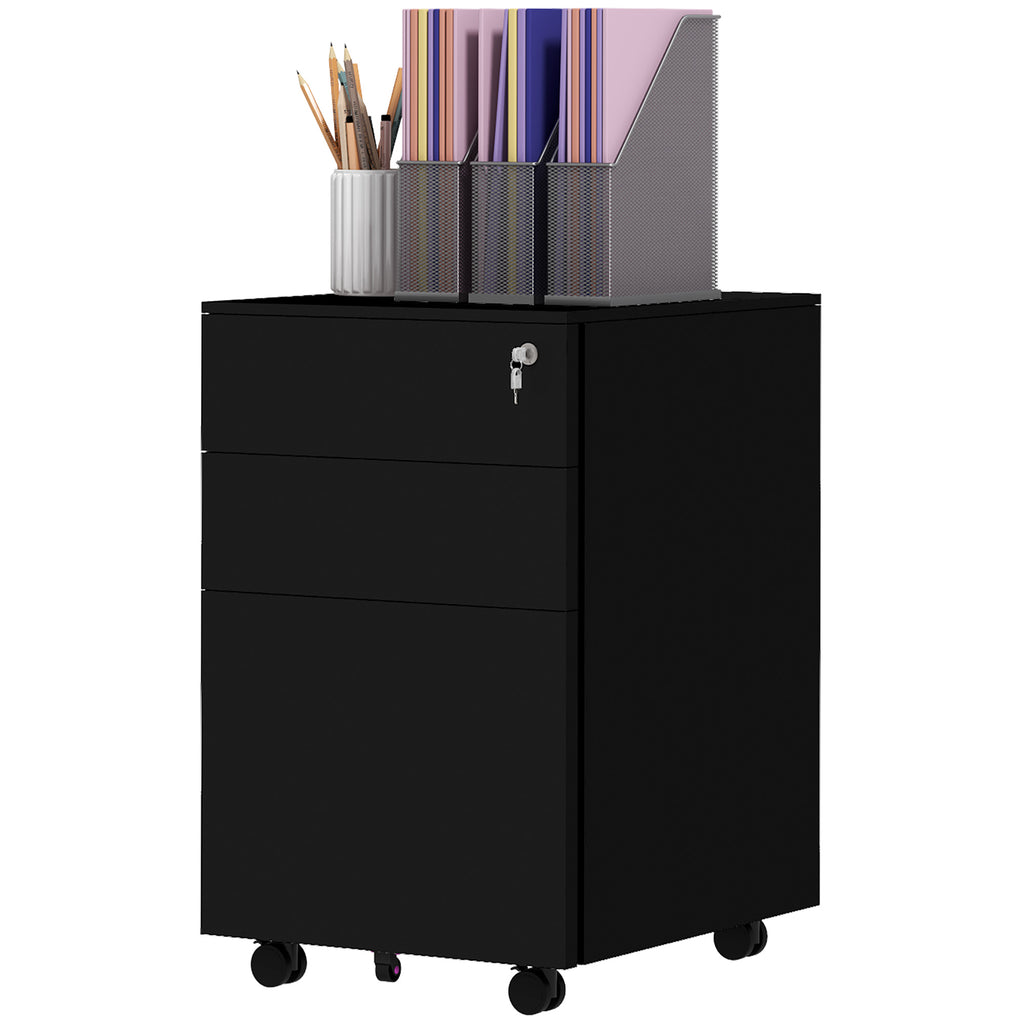 3-Drawer Vertical Filing Cabinet with Pencil Tray, Lock and 5 Wheels, Steel Mobile File Cabinet, for A4, Legal and Letter Size, Pre-Assembled Body, Black
