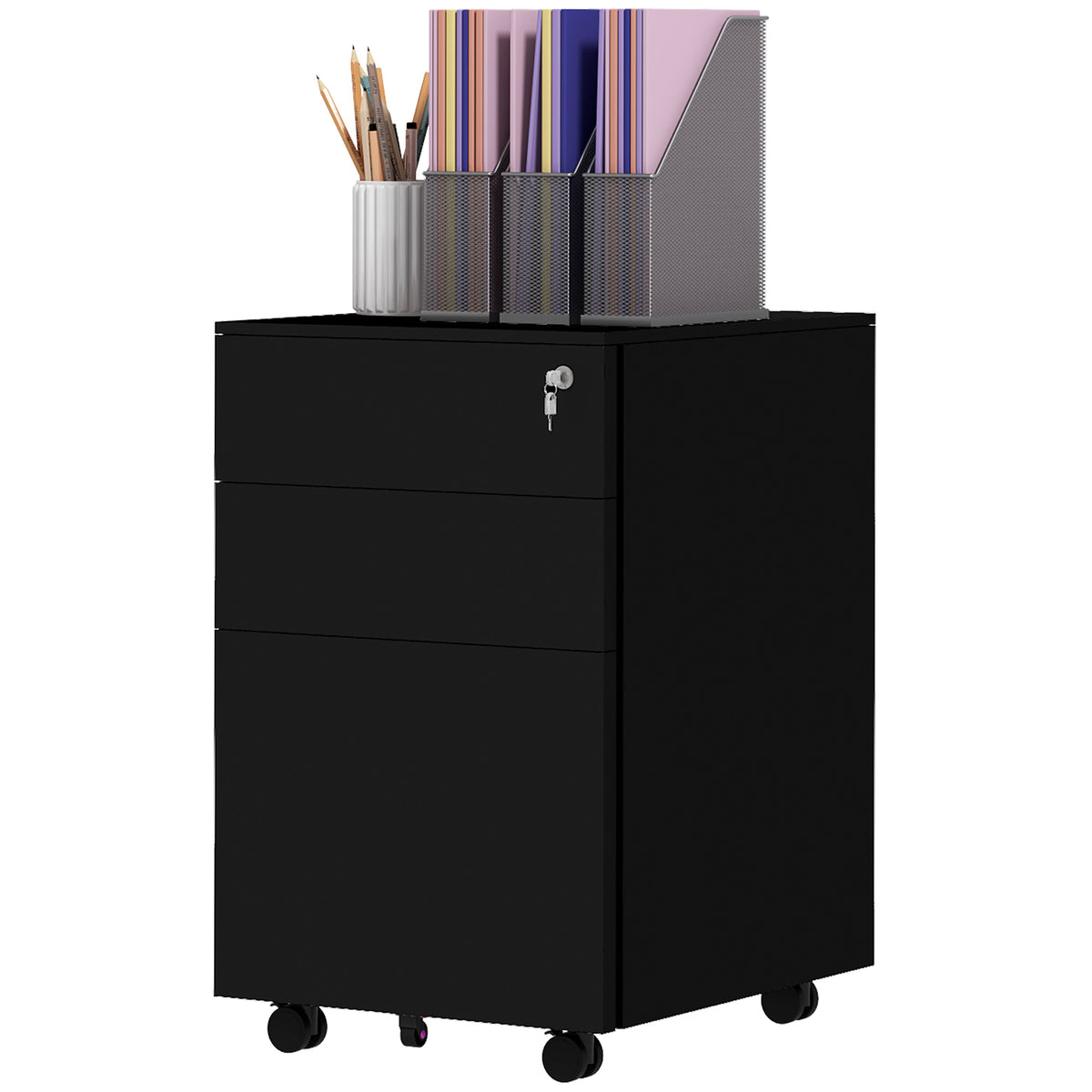 3-Drawer Vertical Filing Cabinet with Pencil Tray, Lock and 5 Wheels, Steel Mobile File Cabinet, for A4, Legal and Letter Size, Pre-Assembled Body, Black