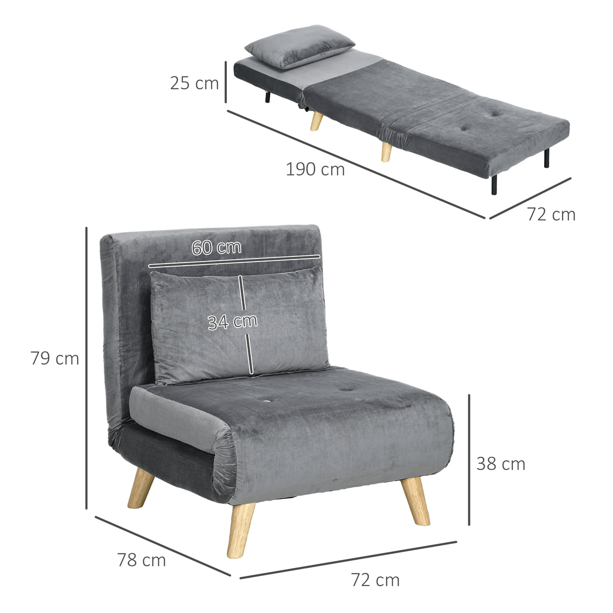 2-in-1 Sessel, Relaxsessel, G?stebett, 72 cm x 78 cm x 79 cm, Grau