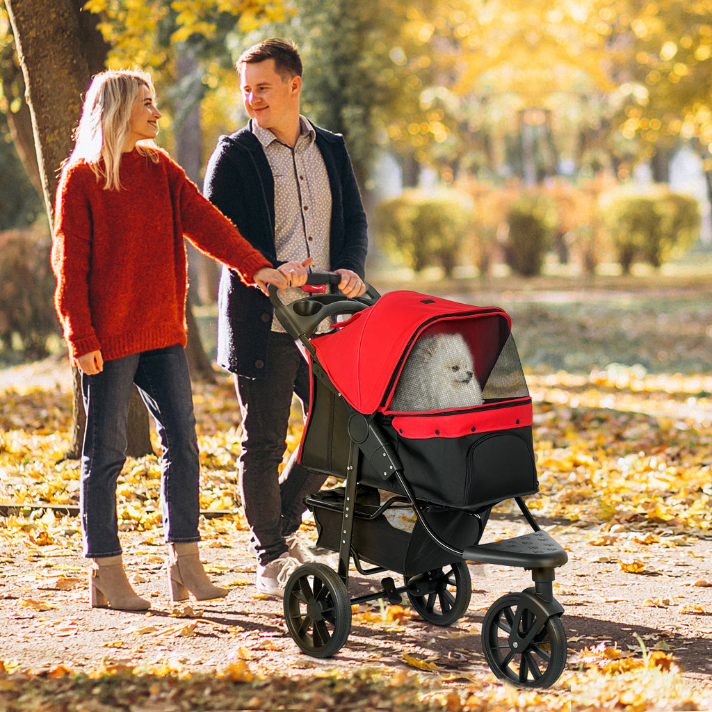 Hundewagen klappbar Hundebuggy bis 10 kg mit 3 Rädern, Netzfenstern Getränkehalter Ablagekorb 109,5x57,5x106,5 cm Rot