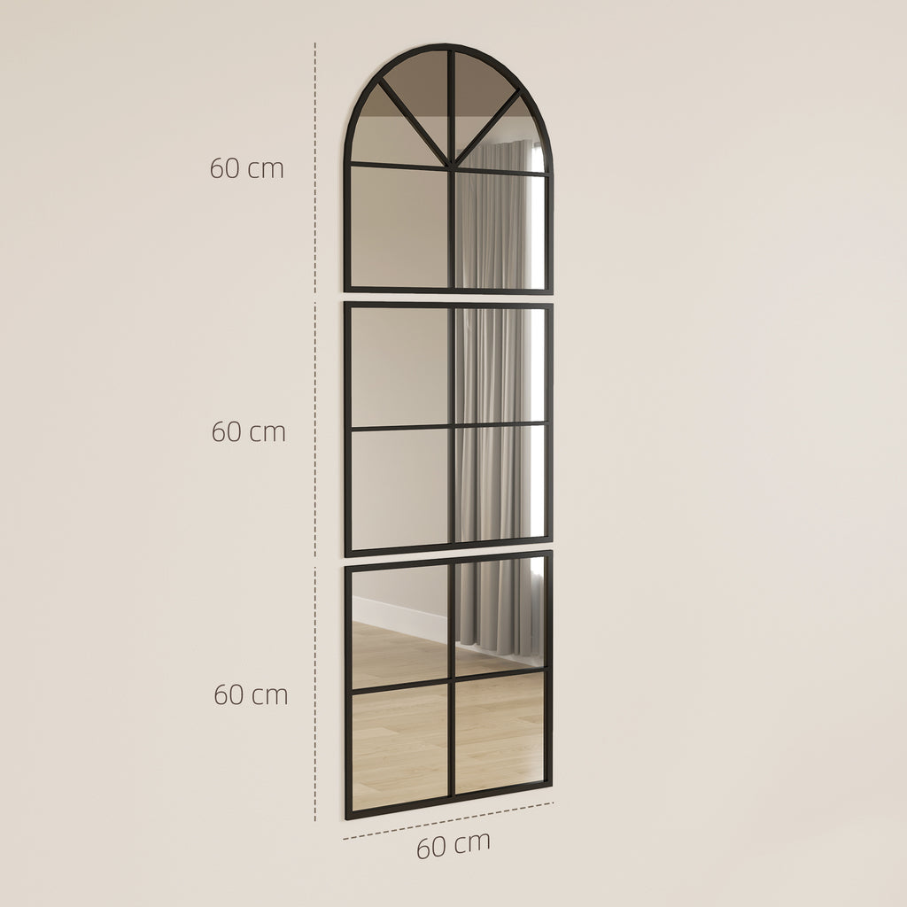 Wandspiegel dreiteilig, bogenf?rmiger Spiegel mit Metallrahmen, dekorativ 60 x 2 x 180 cm Schwarz