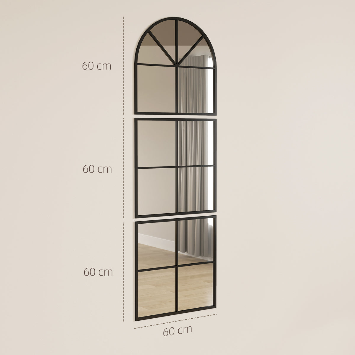Wandspiegel dreiteilig, bogenf?rmiger Spiegel mit Metallrahmen, dekorativ 60 x 2 x 180 cm Schwarz