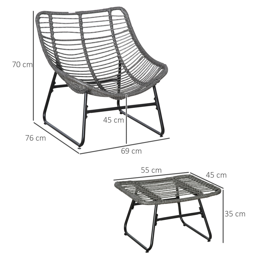 Rattan Relaxsessel mit Fußhocker, Gartensessel mit dicke Kissen Outdoor Rattanstuhl Gartenstuhl für Garten, Balkon, Terrasse Grau