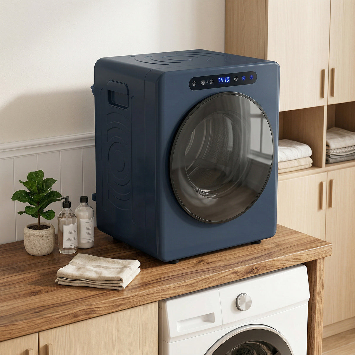 5kg Ablufttrockner, 1000W Kompakter freistehender Frontlader-Wäschetrockner mit Edelstahltrommel, Timer, Blau