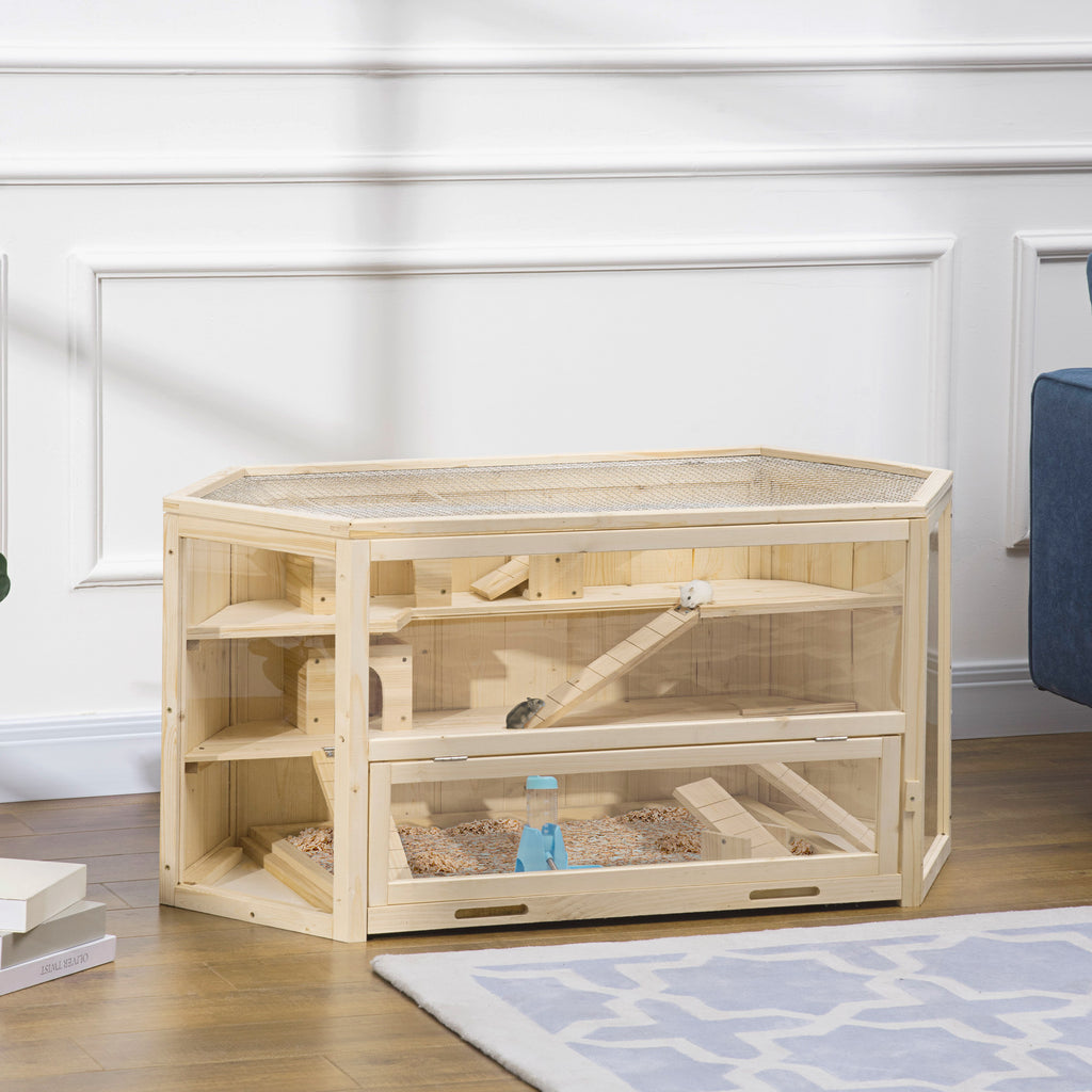 3 Tier Wooden Large Hamster Cage with Sliding Tray, Seesaws, Water Bottle, Natural