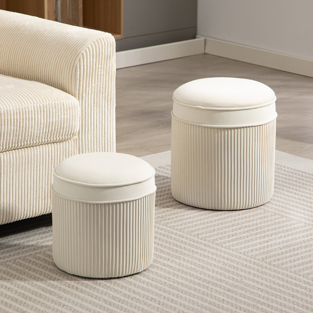 2er Set Sitzhocker mit Stauraum Hocker mit Deckel, Runder Fu?hocker mit Samtoptik 36 x 36 x 41,5 cm Cremewei?