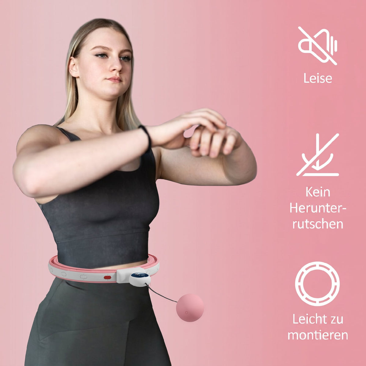 Smart Weighted Hula Hoop, Massage Hula Ring w/ 16 Detachable Knots, 360° Auto-Rotating Ball, Digital Counter, Pink
