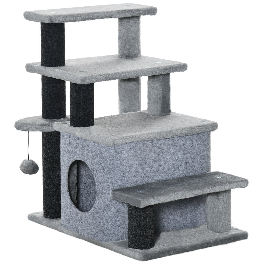 Adjustable Cat Steps, with House & Hanging Toy Ball - Grey