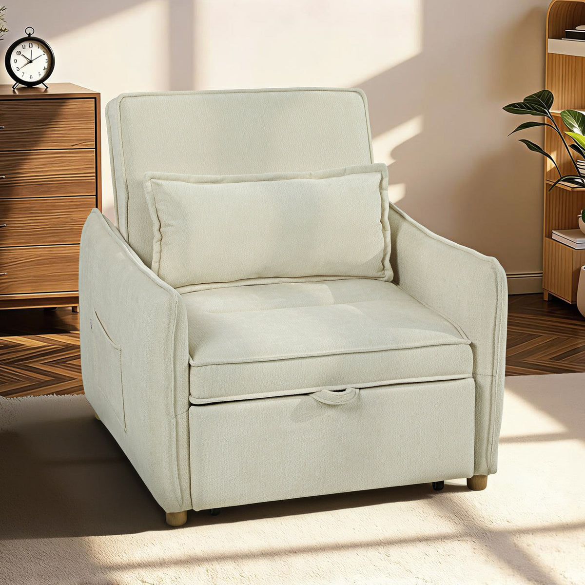 Schlafsessel 3 in 1 Umwandelbarer Sessel mit Bettfunktion, Lendenkissen, für Wohnzimmer Creme