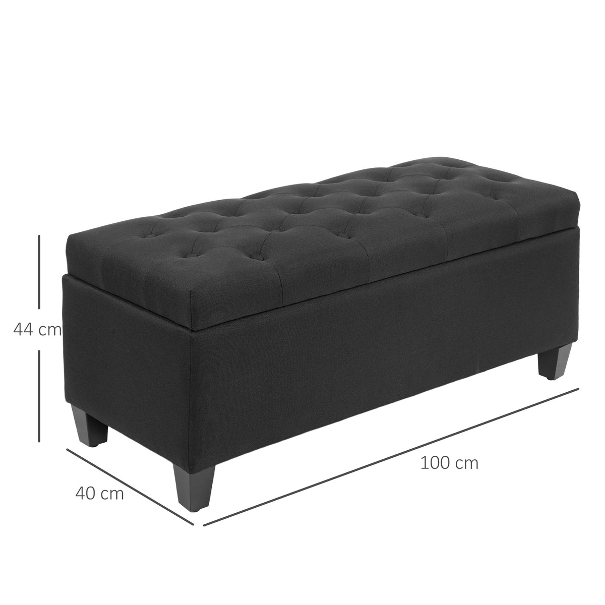 Sitzbank mit Stauraum, Truhenbank, leinenartiges Polyester, Kautschukholz, Schwarz, 100 x 40 x 44 cm