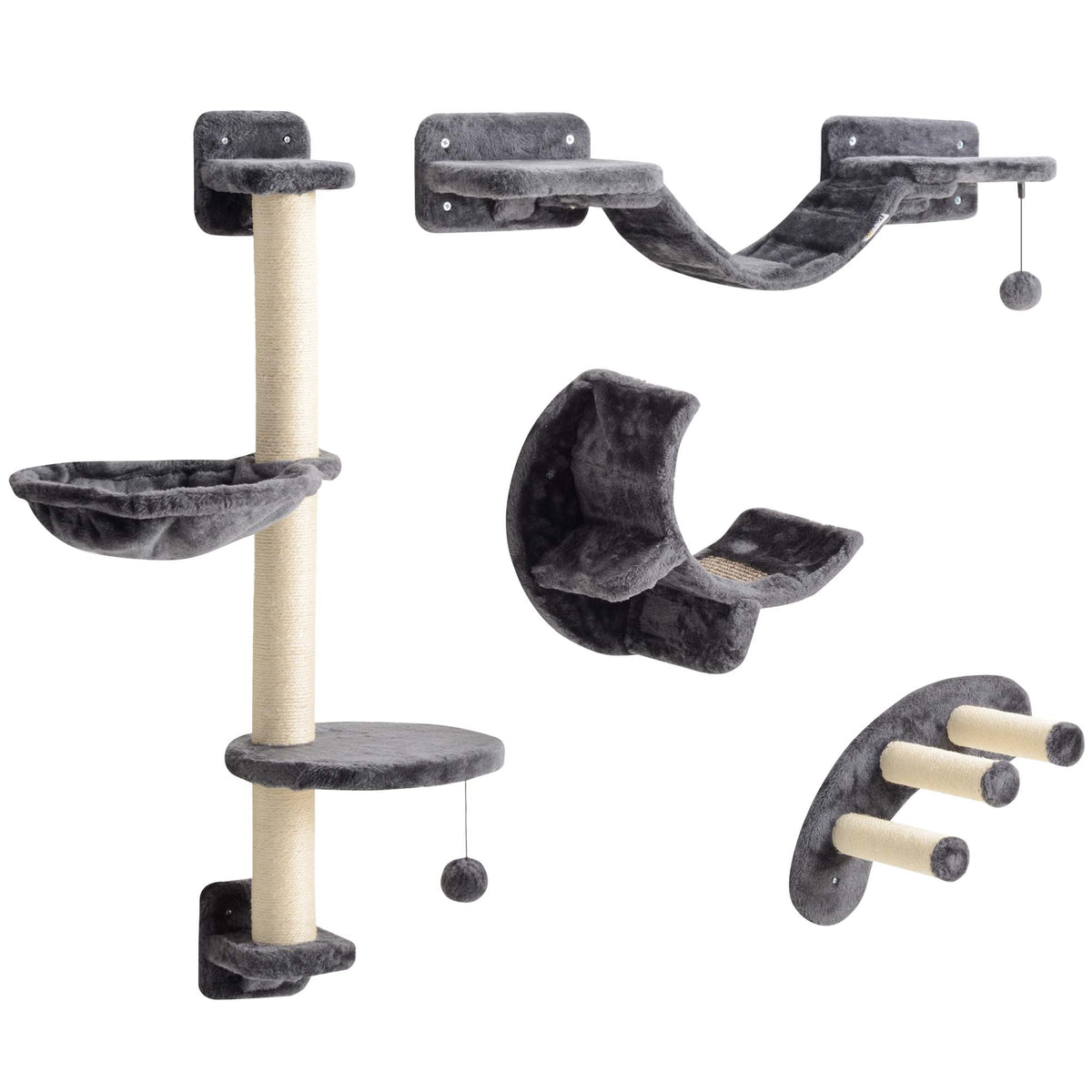 Four-Piece Cat Wall Furniture, with Hammock, Ladder, Platforms, Steps, for Indoor Use - Dark Grey