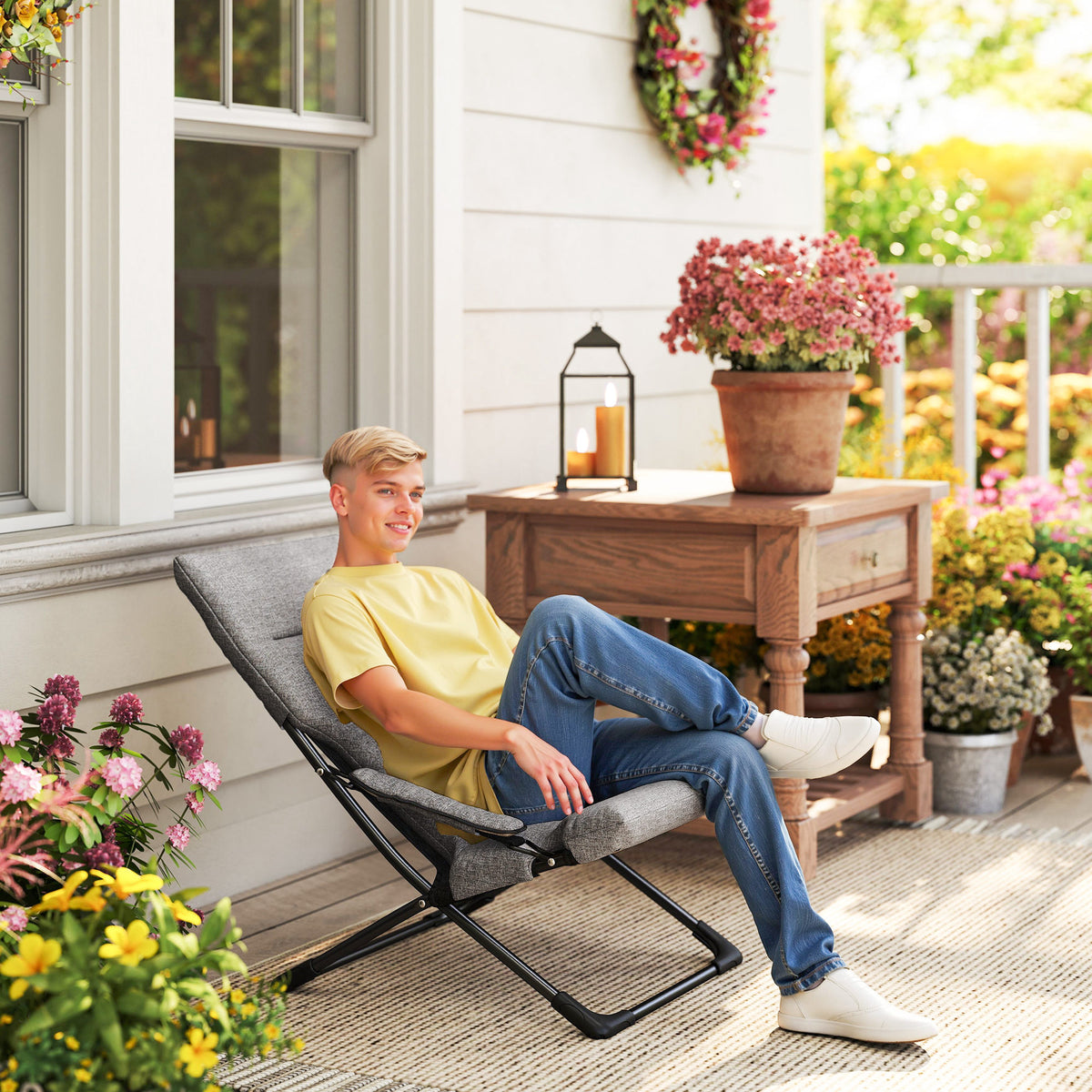  Gartenstuhl aus Metall Klappstuhl mit Auflage abnehmbar wetterfest klappbar Campingstuhl Liegestuhl 120kg Belastbarkeit Sitzmöbel für Garten Terrasse Balkon 66B x 94T x 79H cm Grau