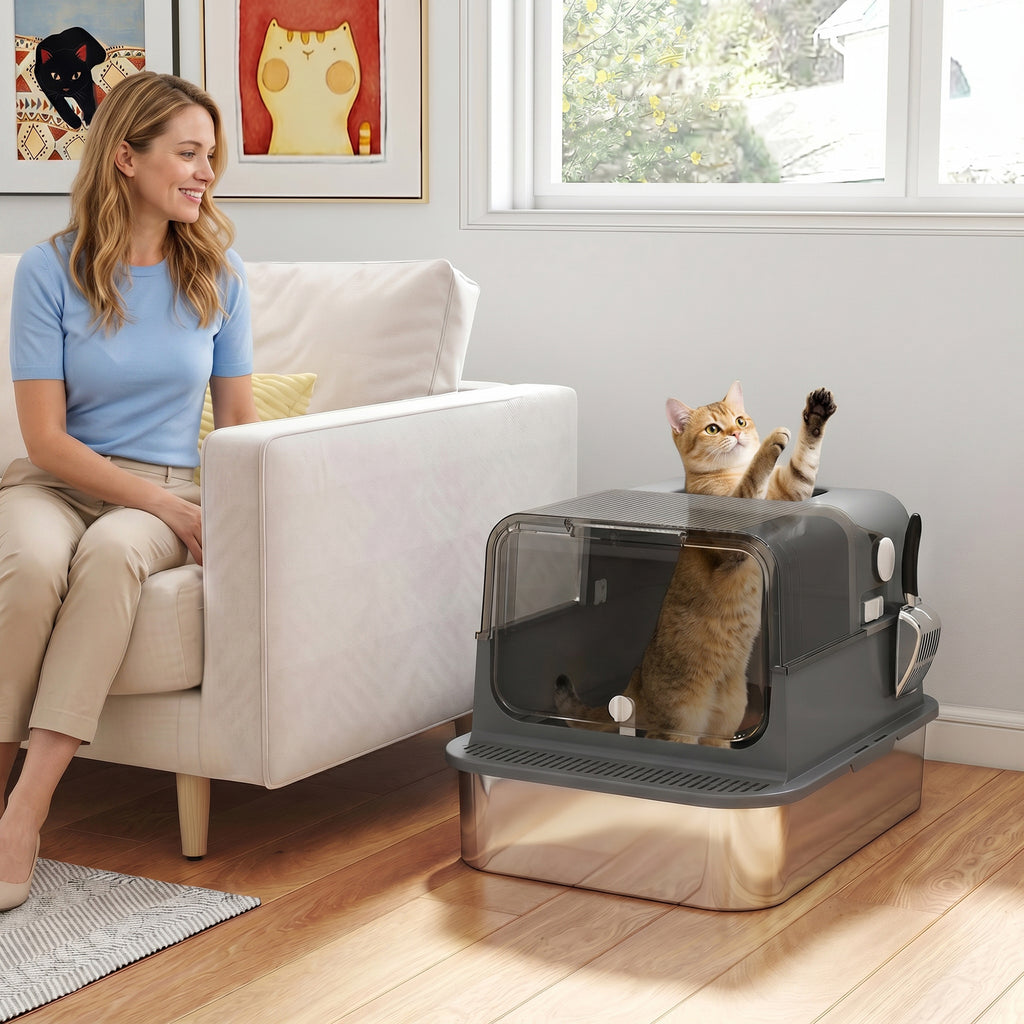 Katzenklo Edelstahl mit Deckel XXL 72L für große Katzen und Mehrere Katzen mit Doppeltüren Schaufel Pedal Anti-Leck