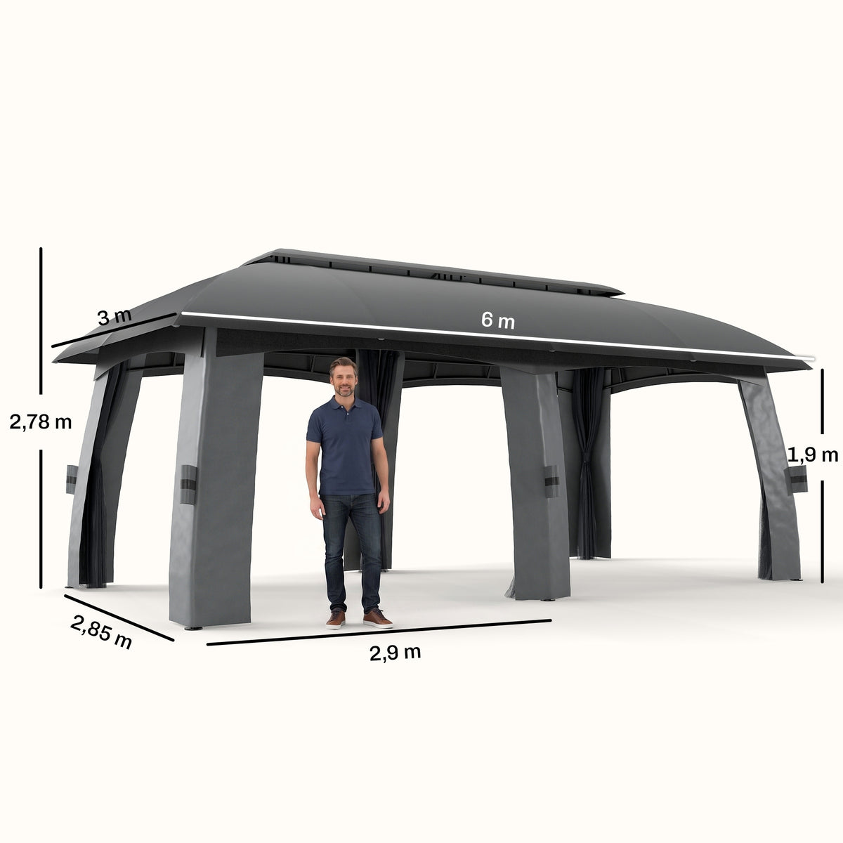 Pavillon, Partyzelt, mit Fliegennetzen, Winddach, bis 15 Personen, dunkelgrau, 3 x 6 x 3 m
