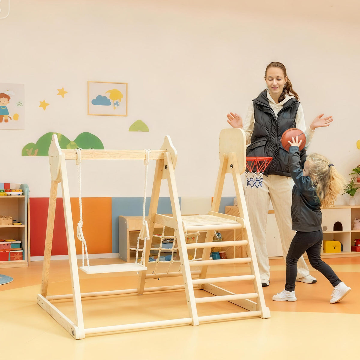 5-in-1 Indoor-Kletterger¨¹st mit Rutsche, Schaukel, Kletternetz, Basketballkorb, klappbar, 3-6 Jahre, Naturholz