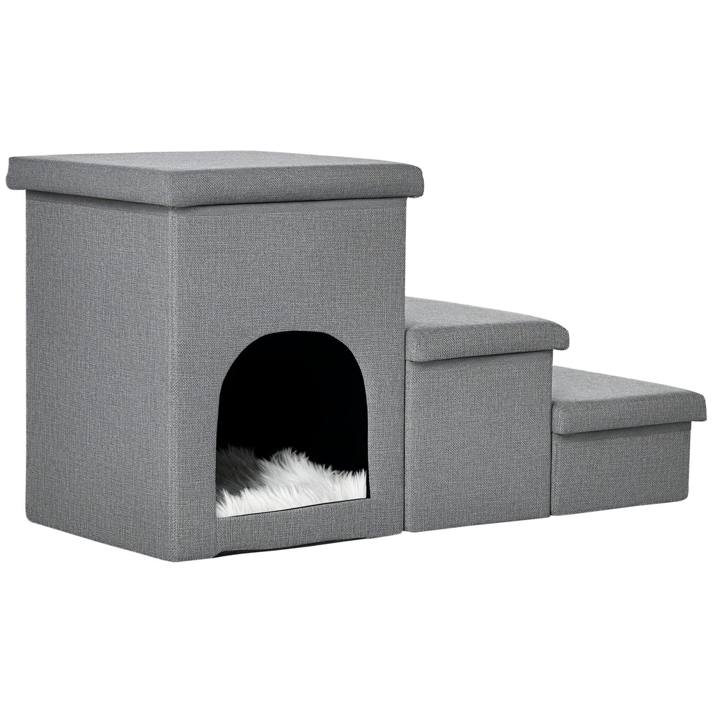 Hundetreppe 3 Stufen 40,5 cm Hoch Haustiertreppe mit Höhle Kissen Stauraum Katzentreppe für Kleine Hunde Hunderampe mit Waschbar Bezug Einstiegshilfe für Bett, Sofa, Couch und Auto Hellgrau