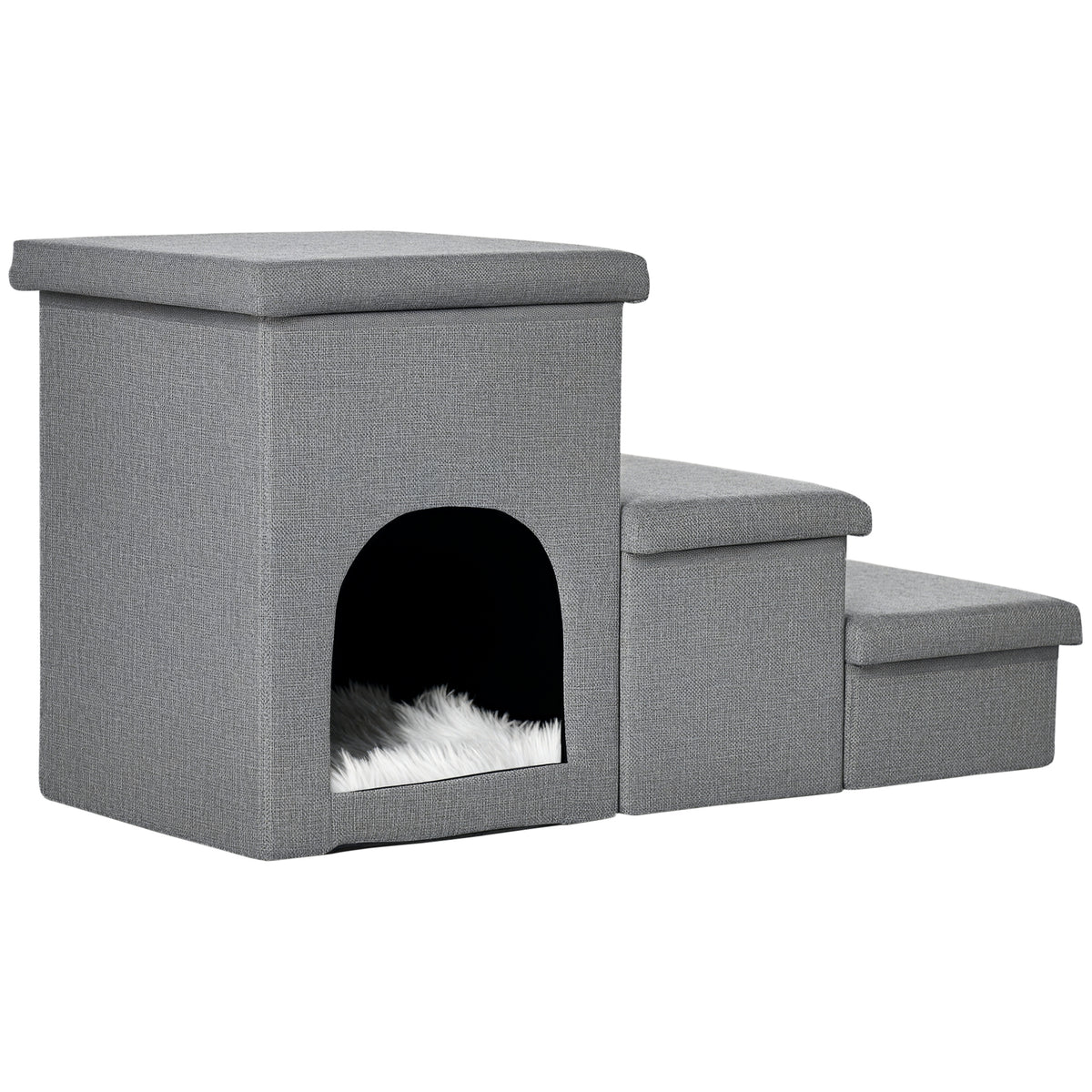 Hundetreppe 3 Stufen 40,5 cm Hoch Haustiertreppe mit Höhle Kissen Stauraum Katzentreppe für Kleine Hunde Hunderampe mit Waschbar Bezug Einstiegshilfe für Bett, Sofa, Couch und Auto Hellgrau