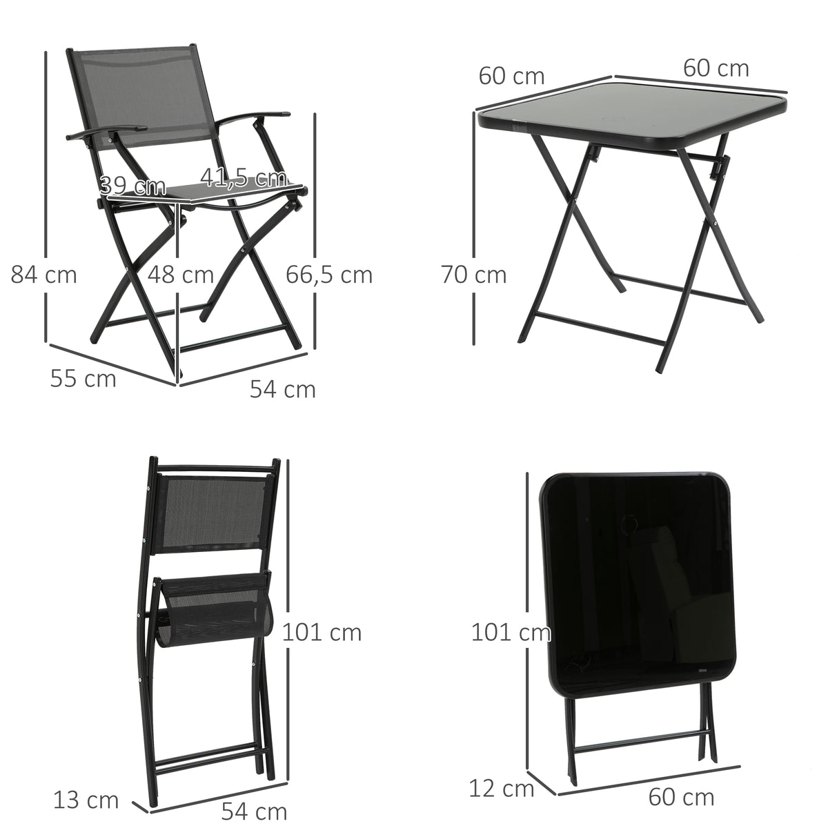  Sitzgruppe für 2 Personen klappbar Balkonset 1 Tisch+2 Stühle Gartenmöbel Set Metall Mesh Schwarz+Grau