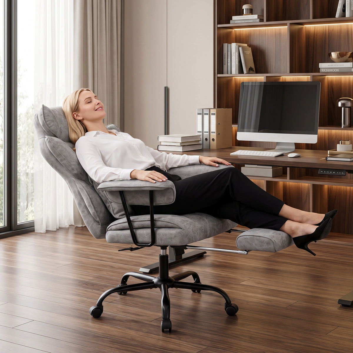 Bürostuhl mit 6-Punkt-Massage und Wärme, Schreibtischstuhl, Grau
