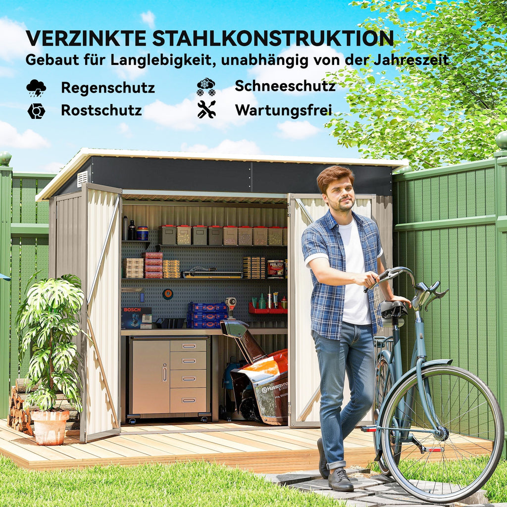 7.5 x 4.3ft Metal Garden Storage Shed, Waterproof Outdoor Shed with Triple Lockable Door, Gloves, Vents, Light Grey