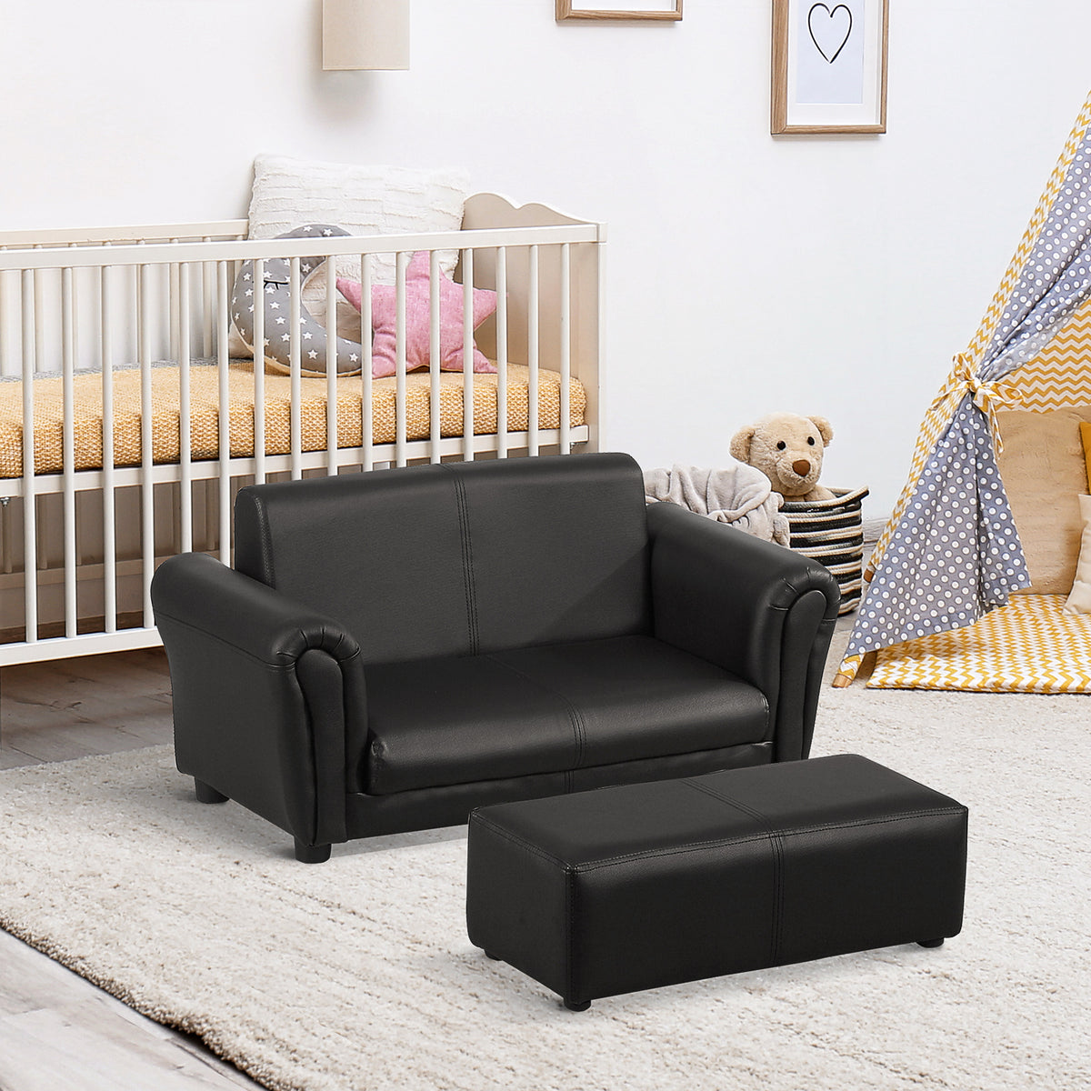 Kindersessel mit Fußhocker, Kindercouch mit Hocker, Kindersofa, Sofa Sessel, Schwarz, 83 x 42 x 41 cm