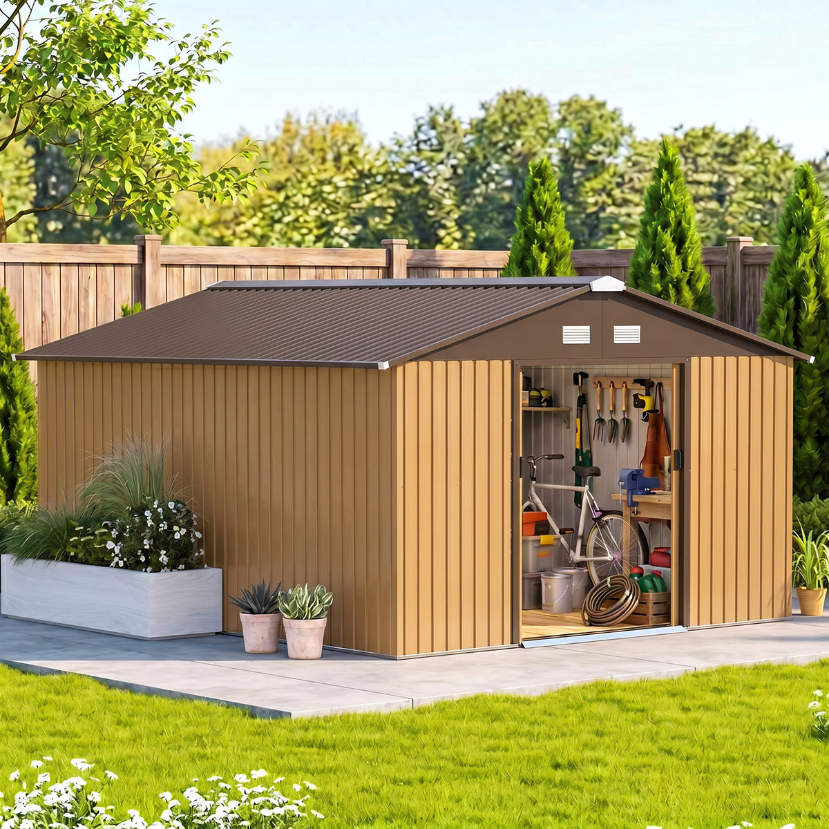 Geräteschuppen, Wetterfestes Gartenhaus für Gartengeräte, mit Belüftungsfenstern, Schiebetüren, Stahl, Gelb