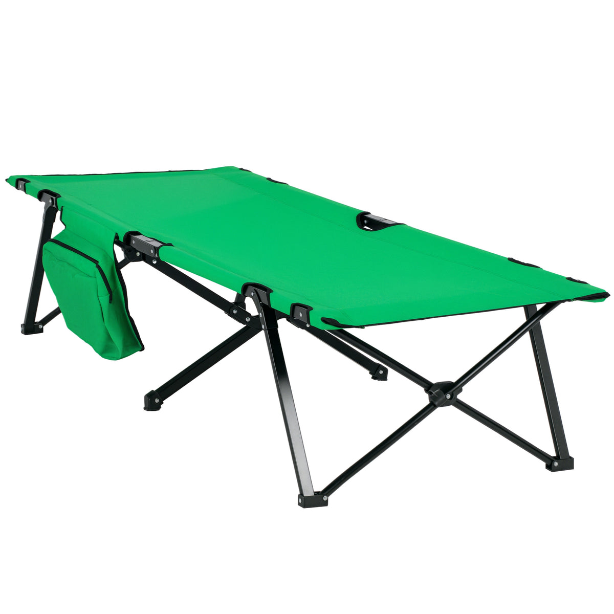  Campingbett Feldbett Klappbett klappbar mit Seitentasche Getränkehalter bis 136 kg belastbar Stahl Oxford Grün+Schwarz 190 x 65 x 40 cm
