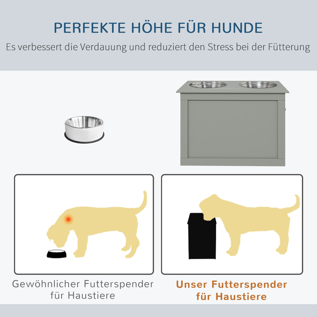 Raised Dog Bowls, with Storage, Two Stainless Steel Bowls, Elevated Base - Grey