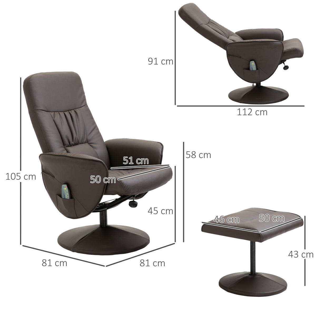 Relaxsessel mit Hocker, drehbarer Fernsehsessel mit 10 Massagepunkte, Liegefunktion, Massagesessel mit Fernbedienung, Seitentasche, TV-Sessel, Kunstleder, Braun