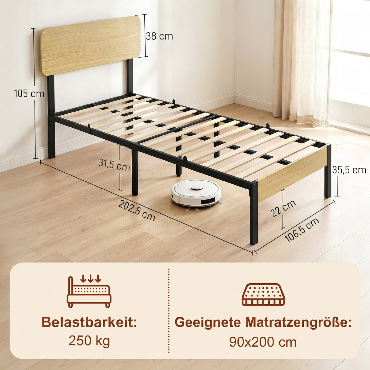 Bettgestell 90 x 200 cm mit Kopfteil, Plattformbett, Einzelbett mit Stauraum unter dem Bett