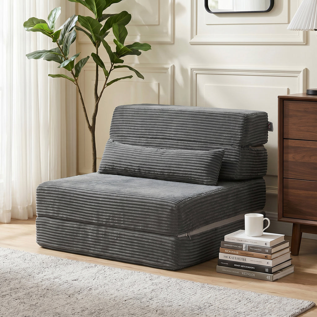 Bodenstuhl mit Rückenstütze, Cord Boneless Cloud Faltbares Schlafsofa mit dickem Polster, Dunkelgrau