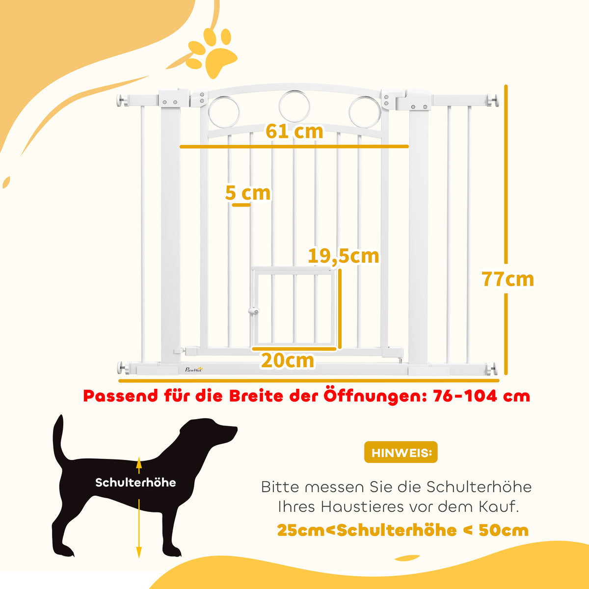 77cm Tall Dog Gate with Cat Door, 7cm and 14cm Extensions, for Stairs, Doorways, 76-104cm Width
